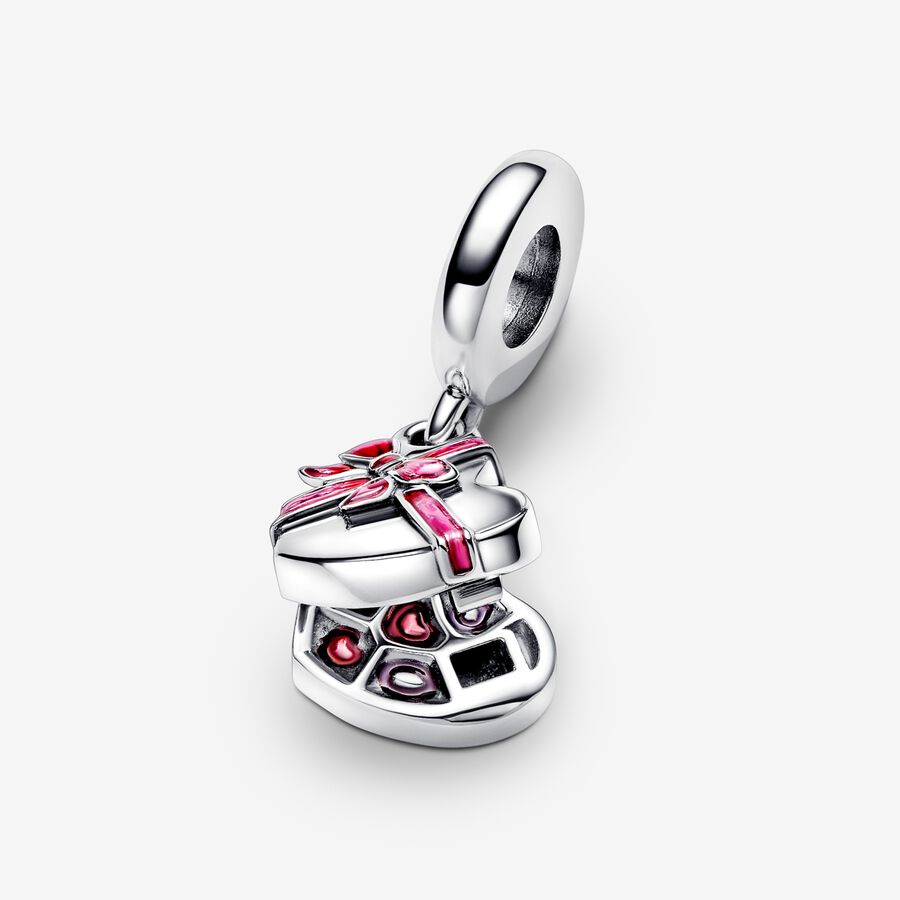 Charm Caixa de chocolate aberta balança de prata esterlina com esmalte rosa e vermelho