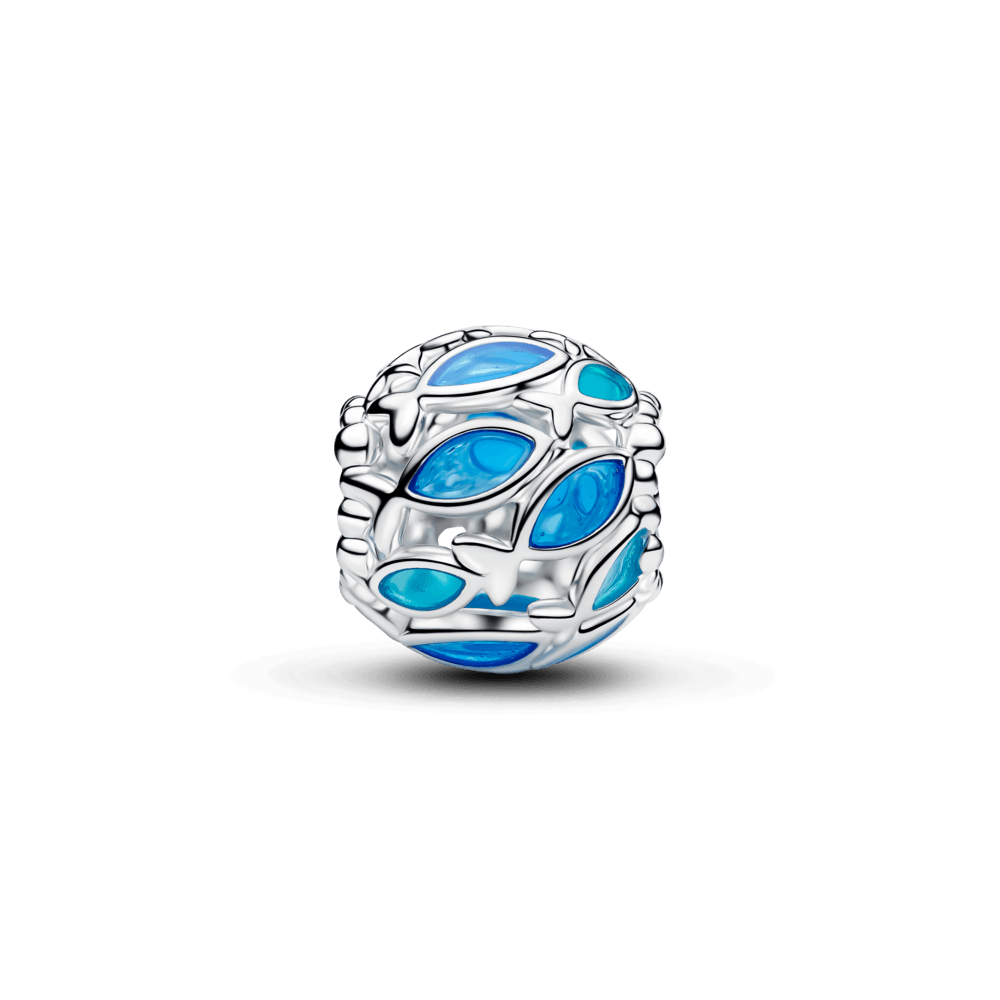 Charm Prata Redondo Peixes Em Esmalte Azul