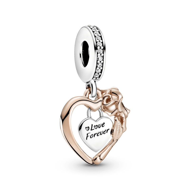 Charm Pendente Flor Rosa E Coracao