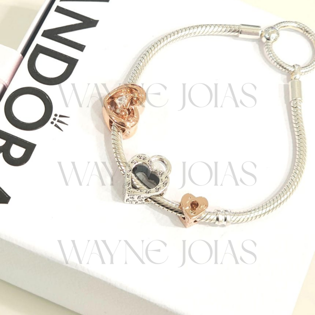 Charm de coração divisível com cadeado prata e rose