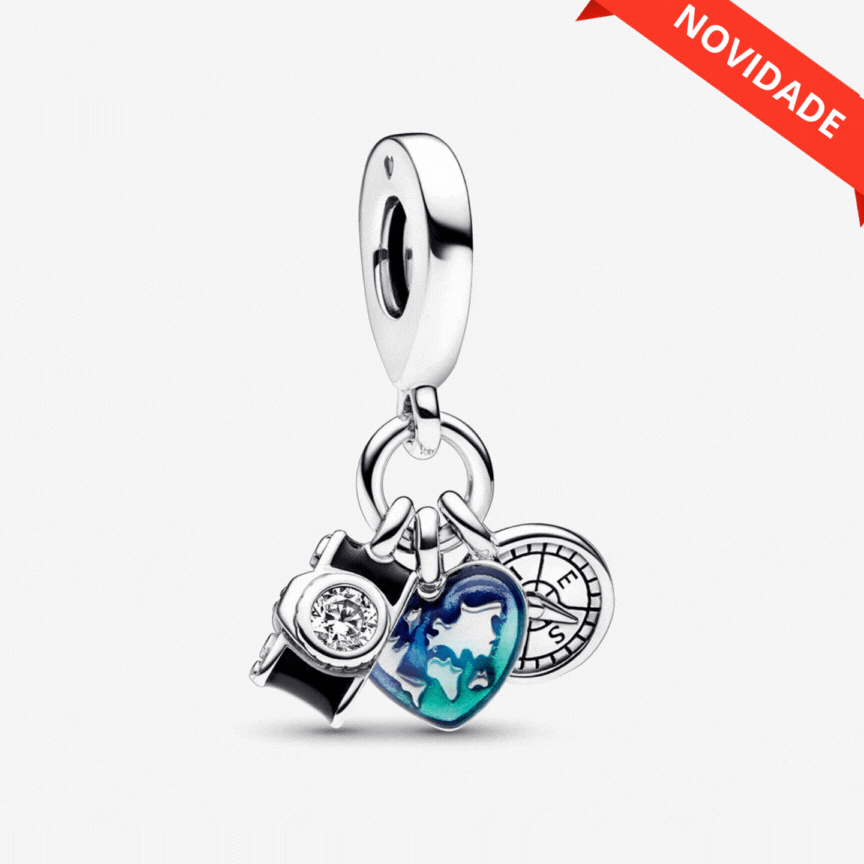 Charm Triplo Câmera, Coração e Bússola