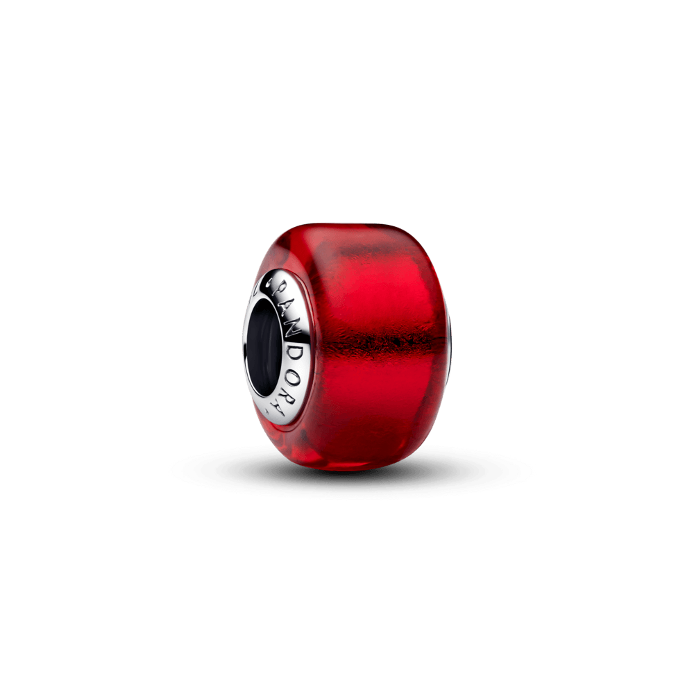 Charm Prata Redondo Em Vidro Murano Vermelho