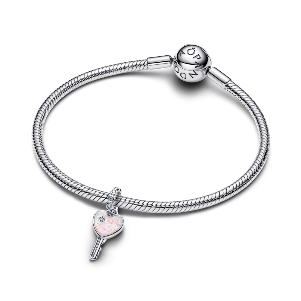 Charm Prata Pendente Chave Do Coração Rosa